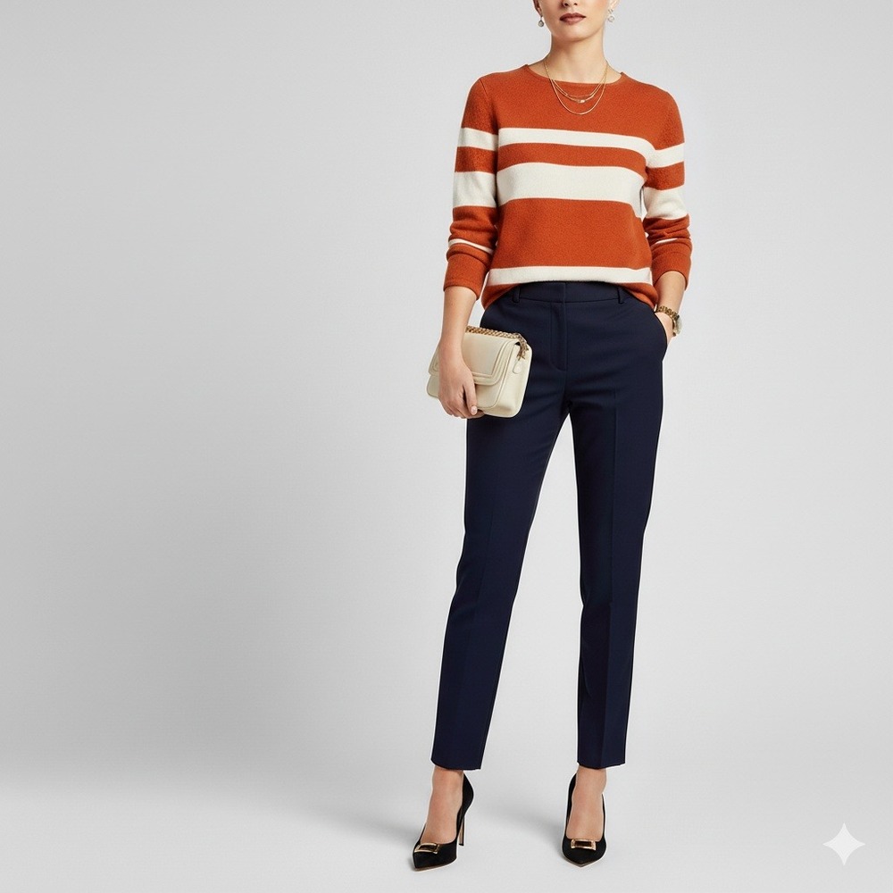 Neiman Marcus 100%‎ Cashmere Sweater Womens L (Fits S) Burnt Orange White Stripe